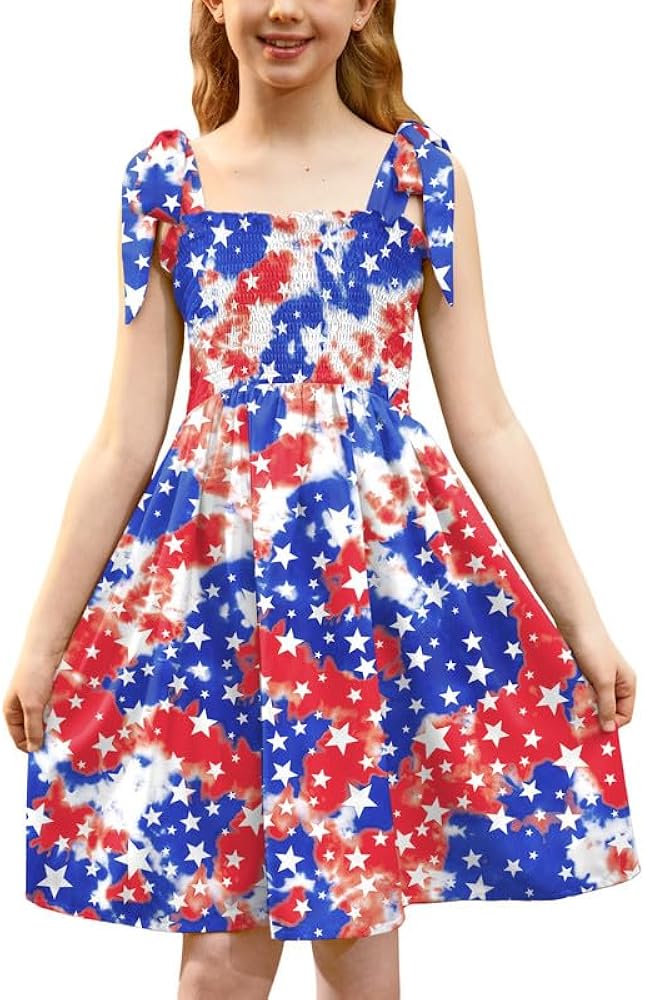 Girls July 4th Tie Shoulder American Flag Smocked Sleeveless Midi Dress