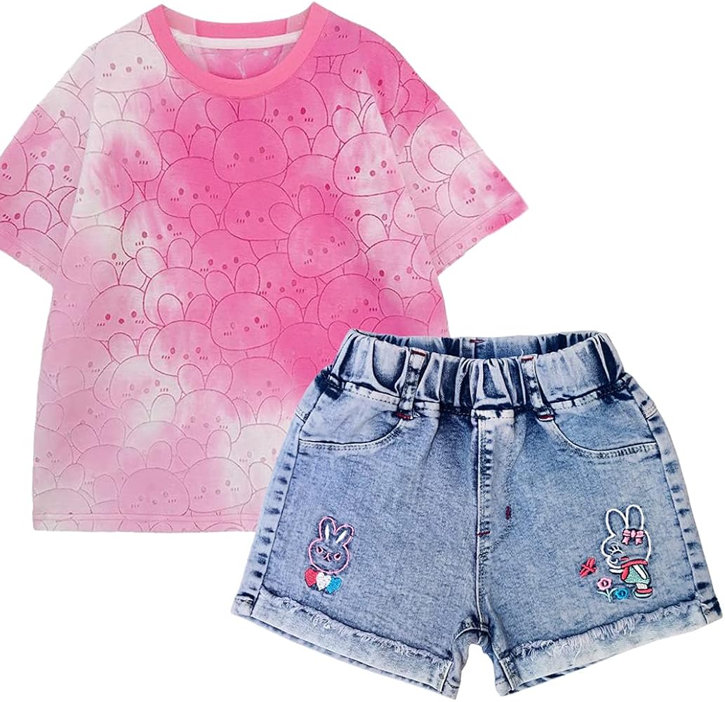 Peacolate Summer 3-7Years Little Girls 2cps Clothing Set Short Sleeves T Shirt and Embroidered Denim Shorts