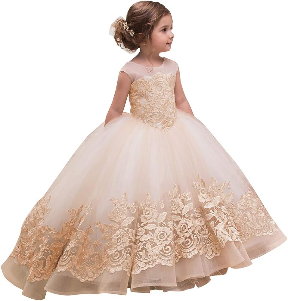 BAO SISTER Elegant Flower Girl Dress for Wedding Kids Sleevelesss Lace Pageant Ball Gowns