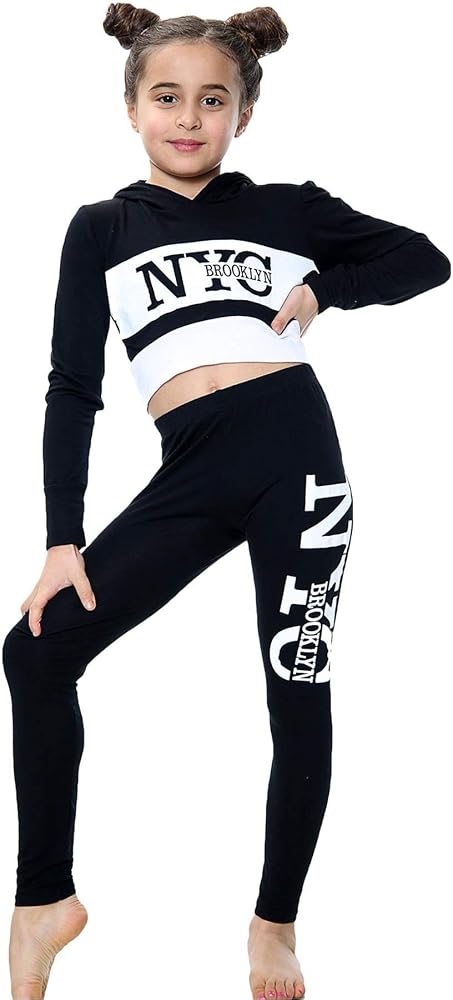 Kids Girls Crop Top NYC Brooklyn Printed Black Hooded Top & Legging Outfit Sets