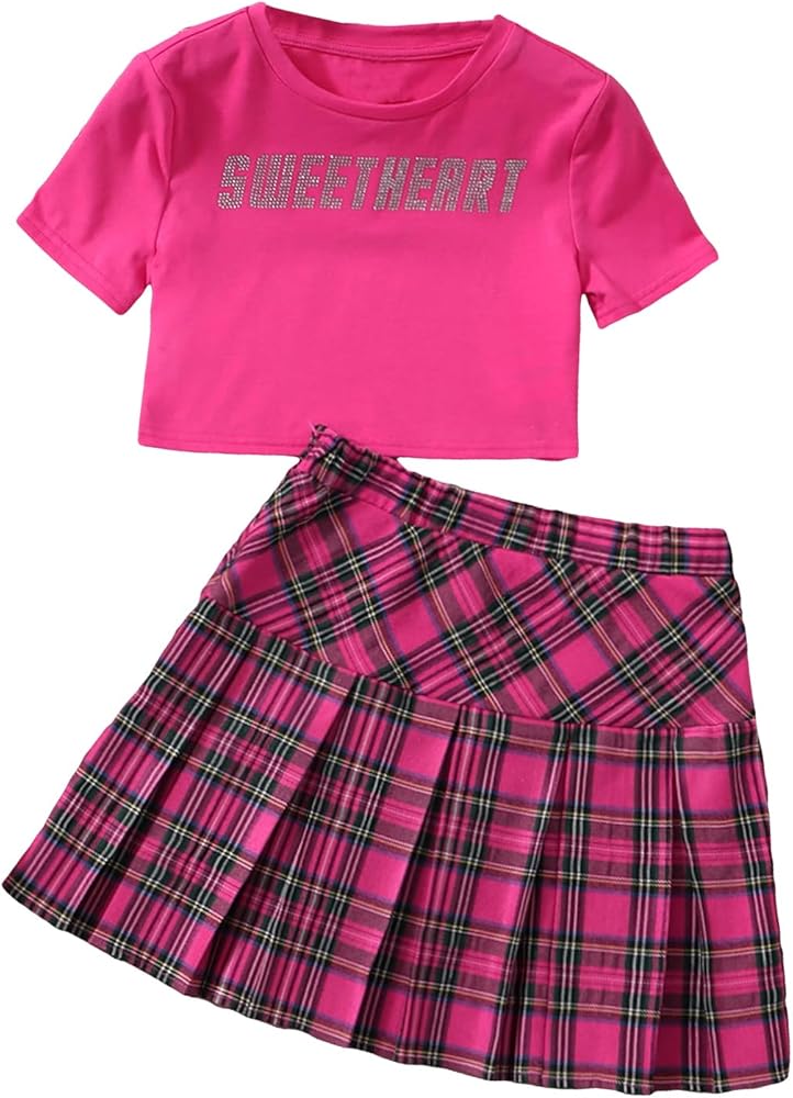 Verdusa Girl's 2 Piece Outfits Short Sleeve Top and Plaid Pleated Skirt Sets