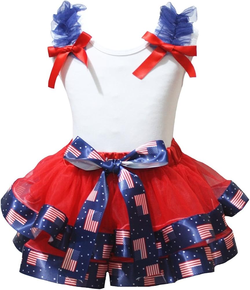 Petitebella Plain White Shirt US Flag Blue Ribbon Red Petal Skirt Set Nb-8y