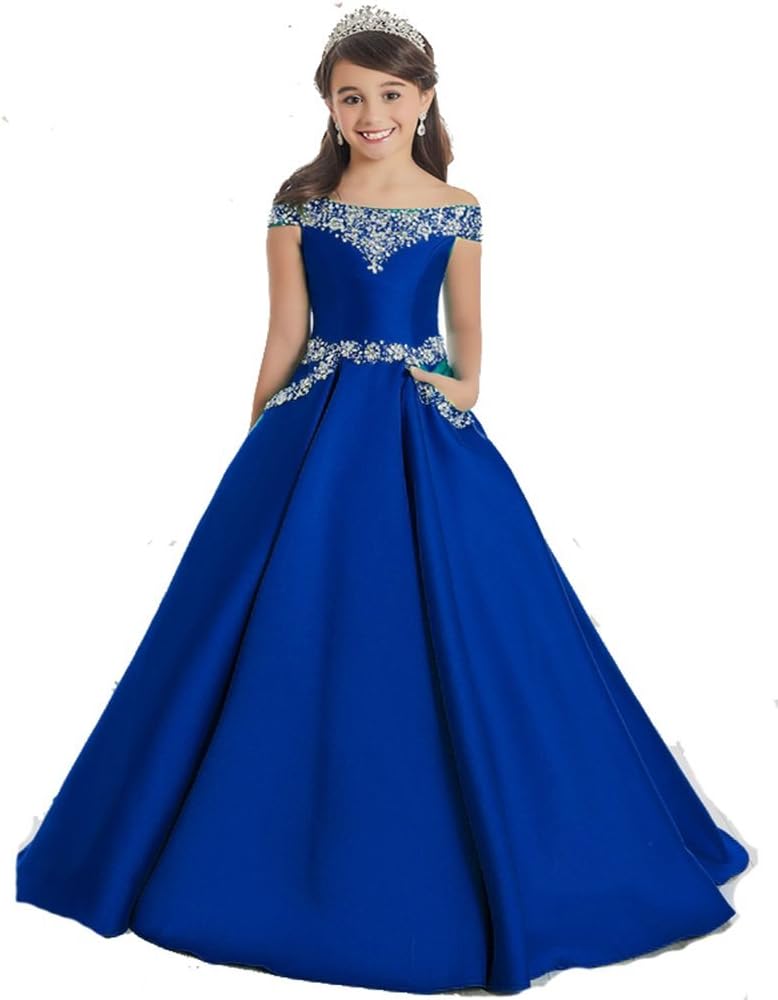 Baoji Off Shoulder Girls Pageant Dresses Satin Beaded Birthday Ball Gowns Floor Length