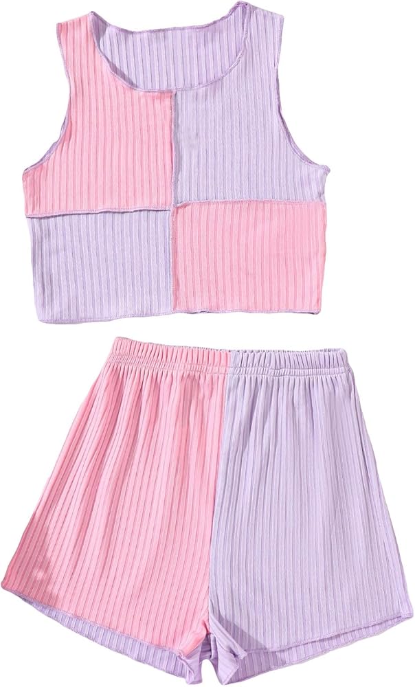 WDIRARA Girl's 2 Piece Outfits Two Tone Sleeveless Lettuce Trim Tank Top and Rib Knit Track Shorts Set