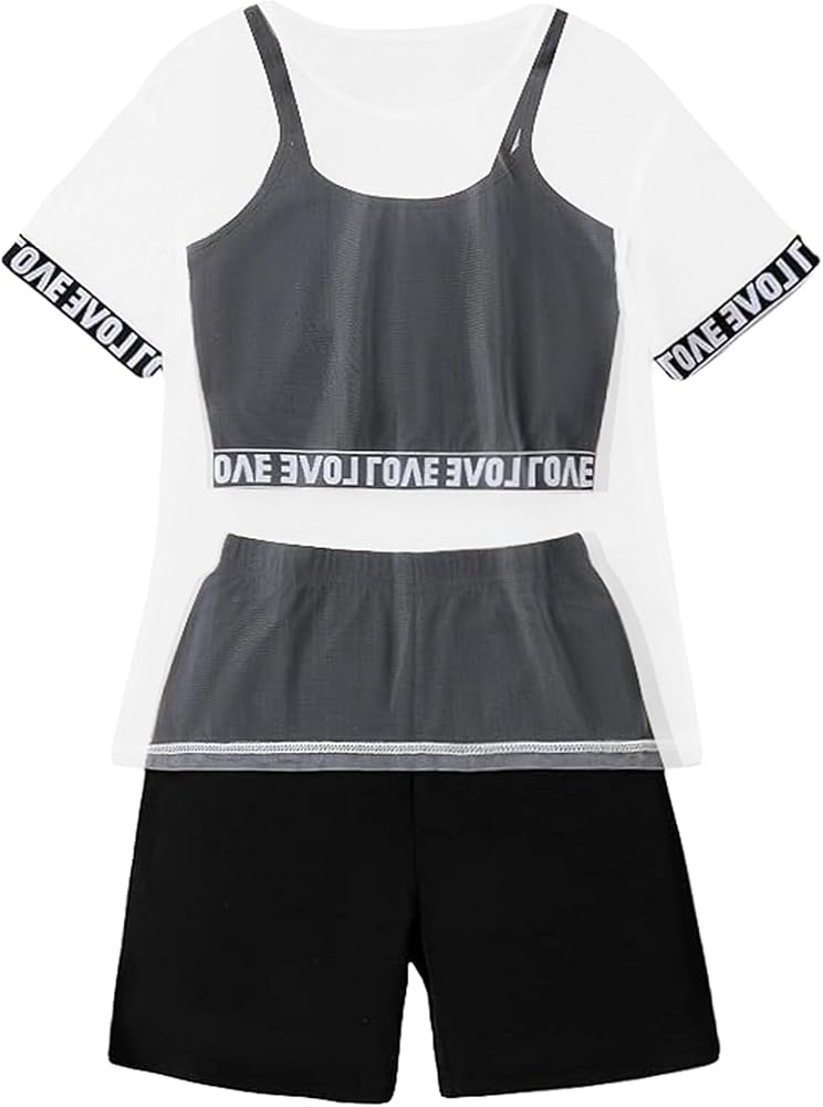 SHENHE Girl's Letter Print Taped Sheer Mesh Top and Cami Top with Biker Shorts Set