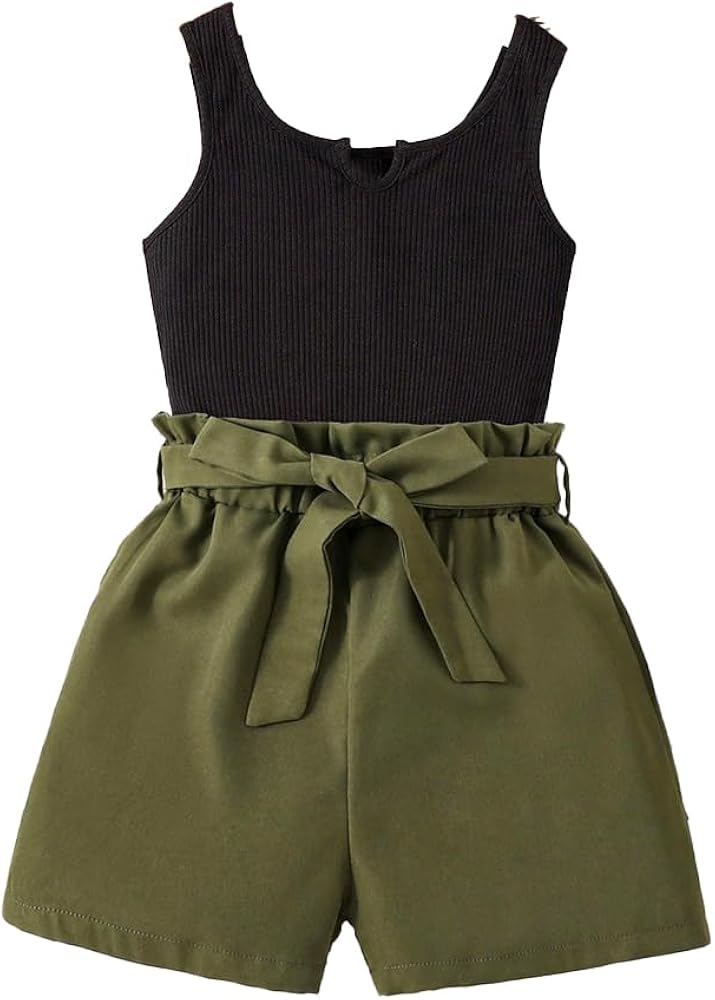 Girls 2 Piece Casual Outfit Black Round Neck Tank Top with Paper Bag Waist Army Green Shorts Set 8-12 Years