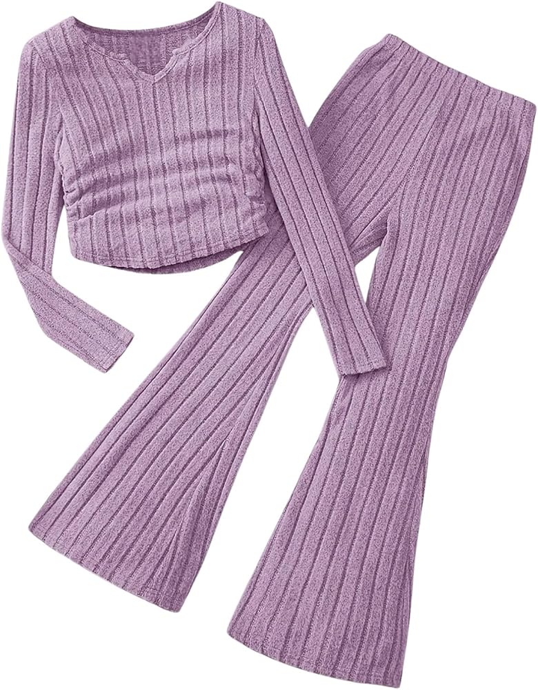 GORGLITTER Girl's Two Piece Rib Knit Outfit Ruched Notch Neck Tee Top Flare Leg Pants Set