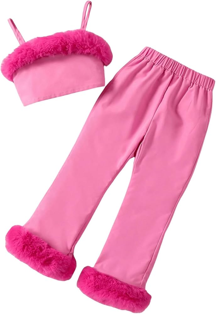 Girl's 2 Piece Outfits Fuzzy Trim Smocked Cami Crop Top and Long Pants Set