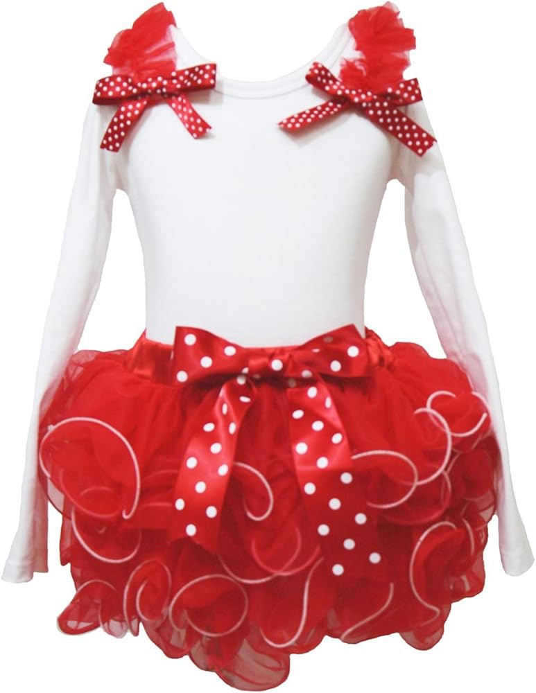 Christmas Dress White L/s Shirt Red White Polka Dot Petal Skirt Girl Outfit 1-8y