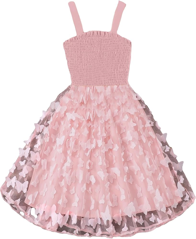 SHENHE Girl's Sleeveless Butterfly Mesh A Line Flowy Smocked Party Puffy Tulle Dress