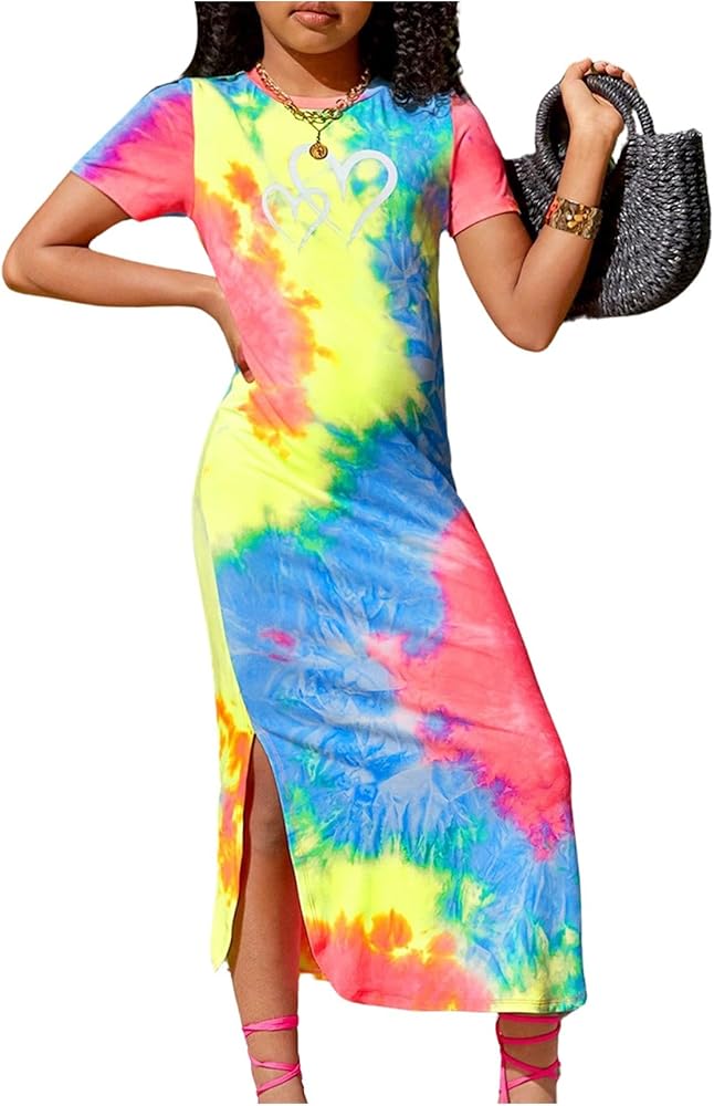 WDIRARA Girl's Tie Dye Calf Slit Slim Fit Maxi Dress Round Neck Short Sleeve Long Dresses