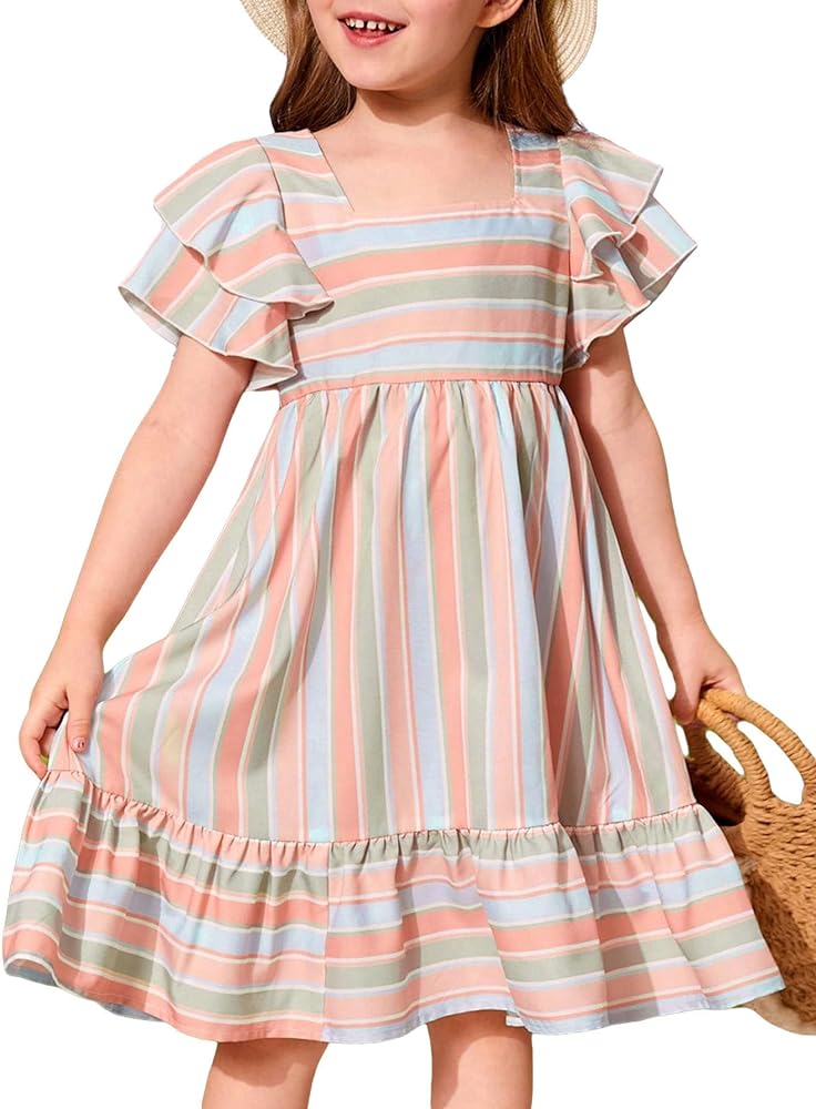 Girls Striped Print Short Sleeve Square Neck Smock Dress High Waist Ruffle Hem Knee Length Dresses