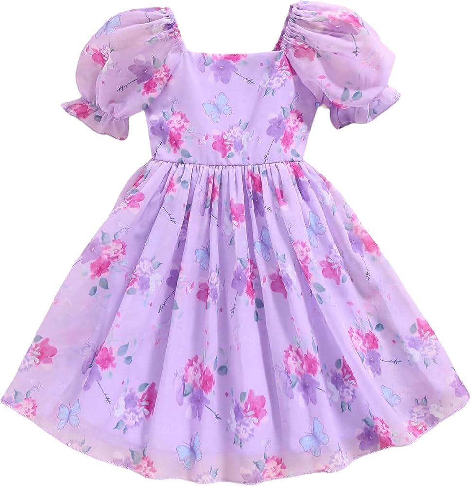 Floerns Toddler Girl's Floral Print Puff Sleeve Ruffled Flared Hem Summer Dresses