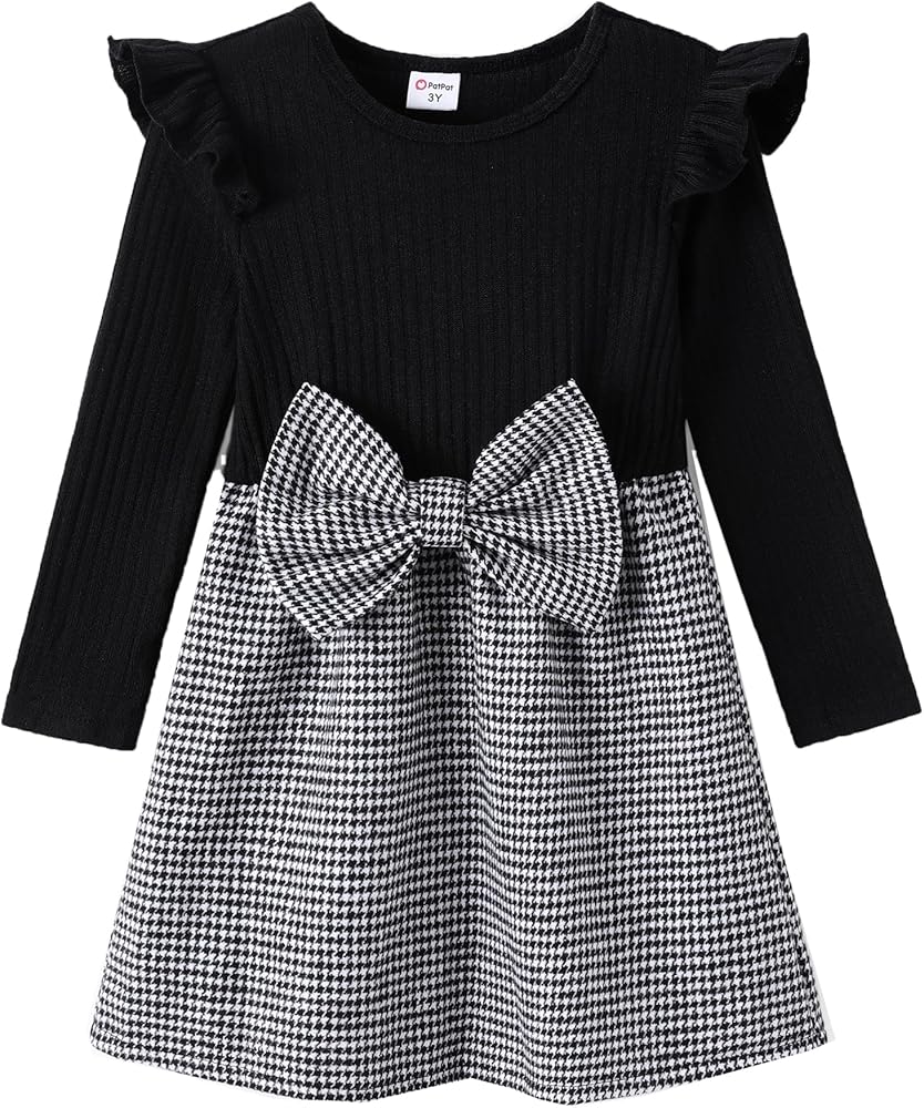 PATPAT Toddler Outfits for Girls Toddler Girl Bowknot Design Plaid Splice Ruffled Long Sleeve Dress 3 Years