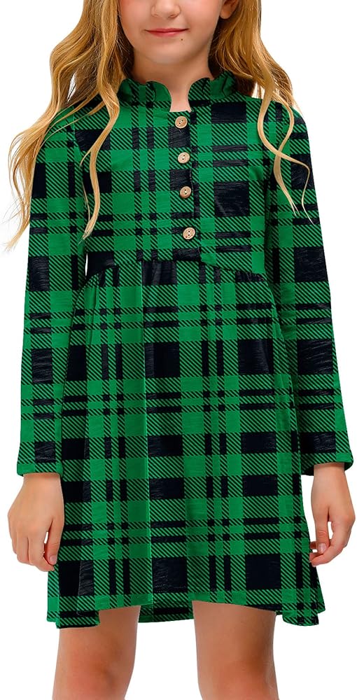 Christmas Girls Plaid Long Sleeve Button Down Midi Dress Xmas Ruffle Elastic Waist Outfit 4-12 Years