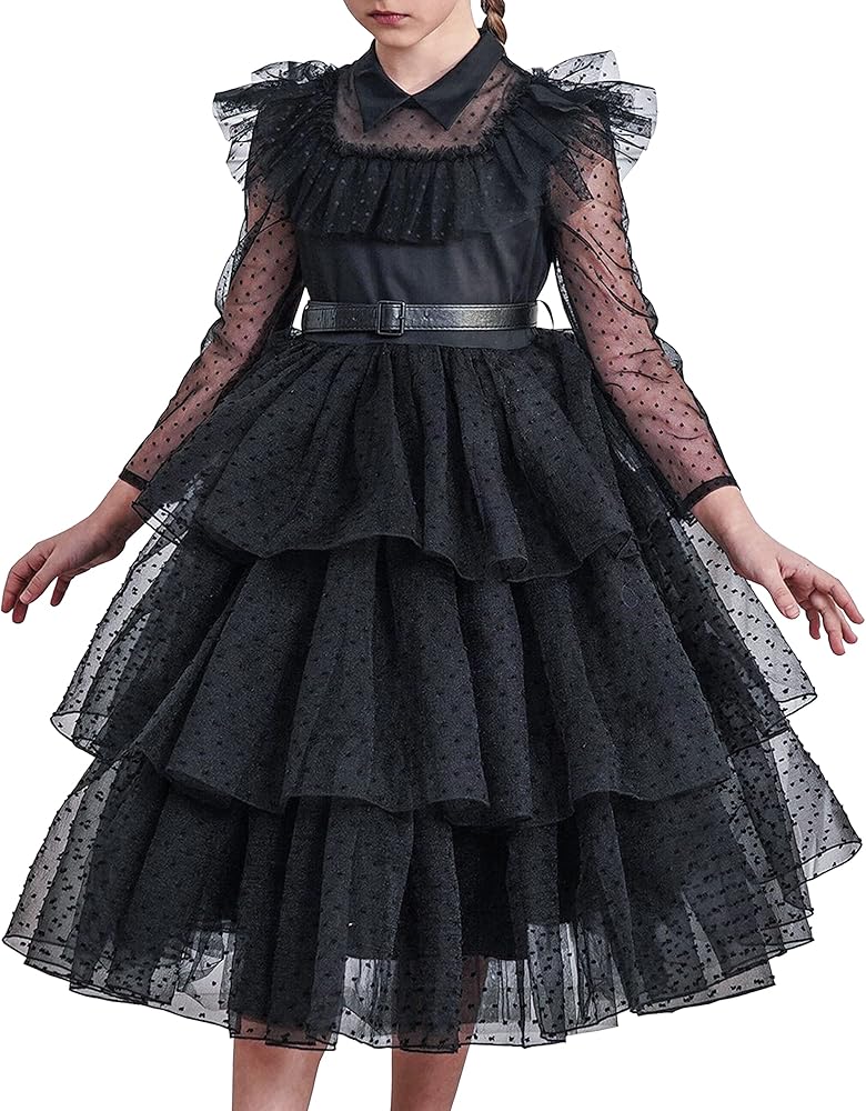 Sunny Fashion Girls Dress Black Lace Long Sleeve Organza Ruffle Polka Belt