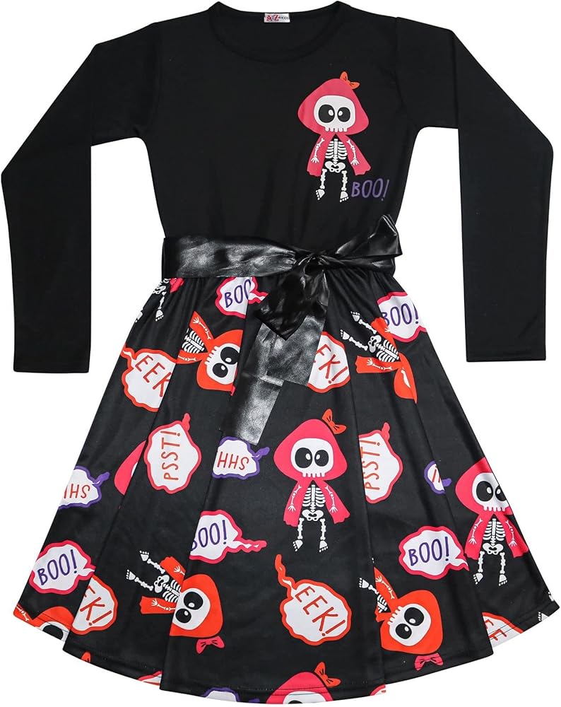 Kids Girls Skater Dress Skeleton Print Panelled Halloween Party Dresses 5-13 Yrs