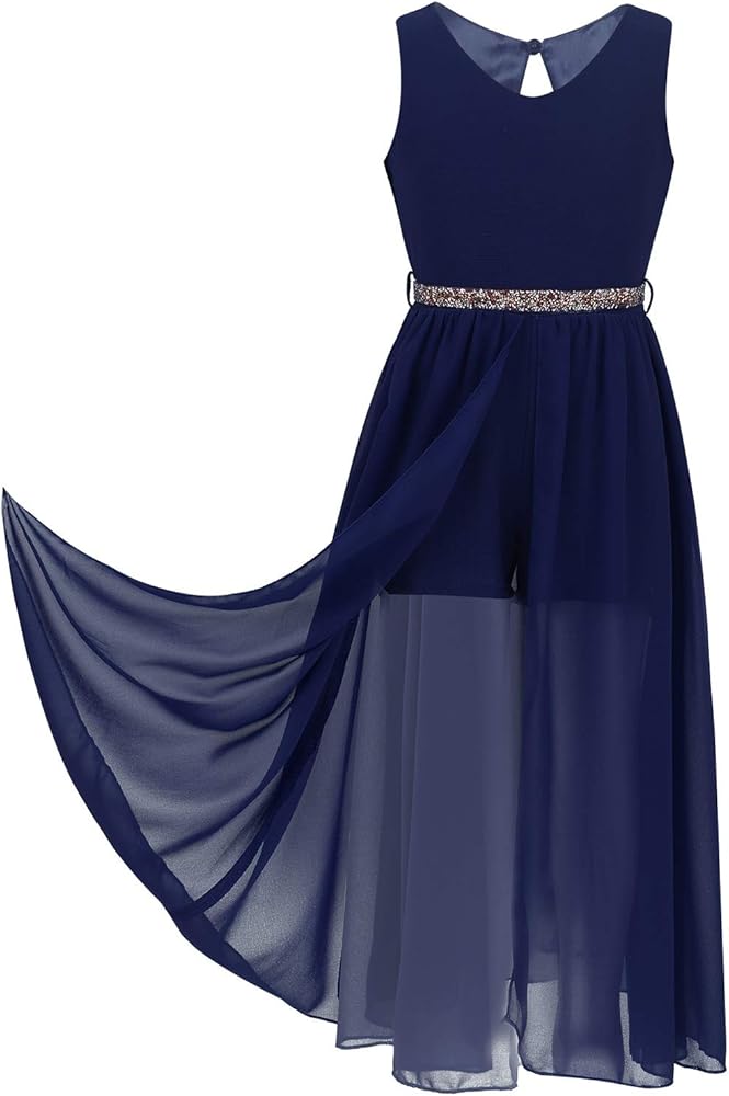 FEESHOW Girls V Neck Maxi Romper Dress with Short Jumpsuit Junior Bridesmaid Wedding Dance Party Gown