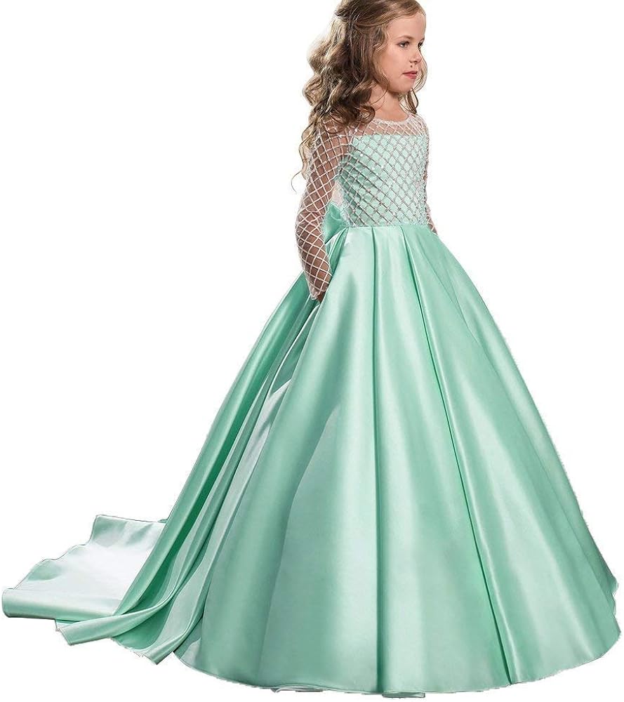 Christmas Flower Girl Dress Floor Length Button Draped Tulle Ball Gowns Long Sleeve for Kids