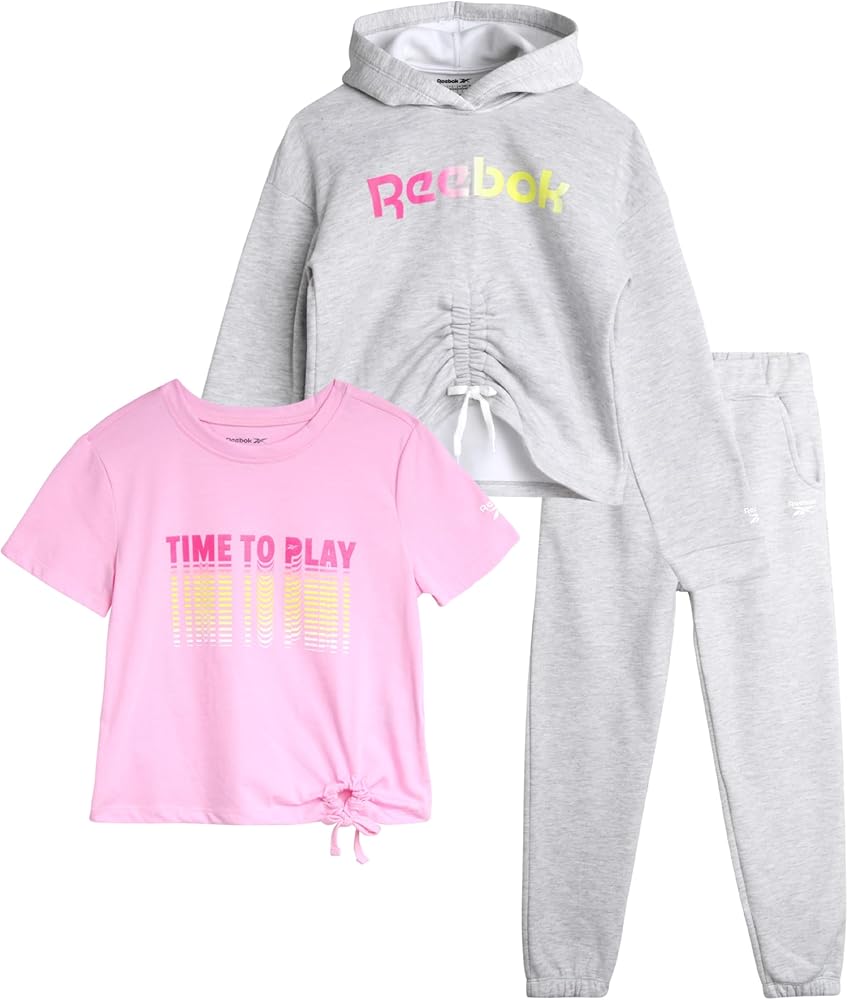 Reebok Girls' Jogger Set - 3 Piece T-Shirt, Fleece Hoodie, and Sweatpants (Size: 7-12)