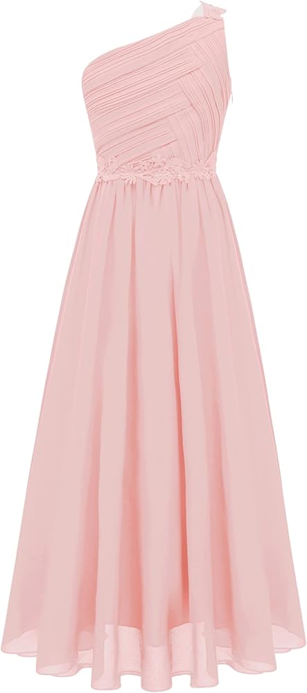 CHICTRY Girls One Shoulder Ruched Long Maxi Junior Bridesmaid Dress for Wedding Evening Party Pink 8 Years