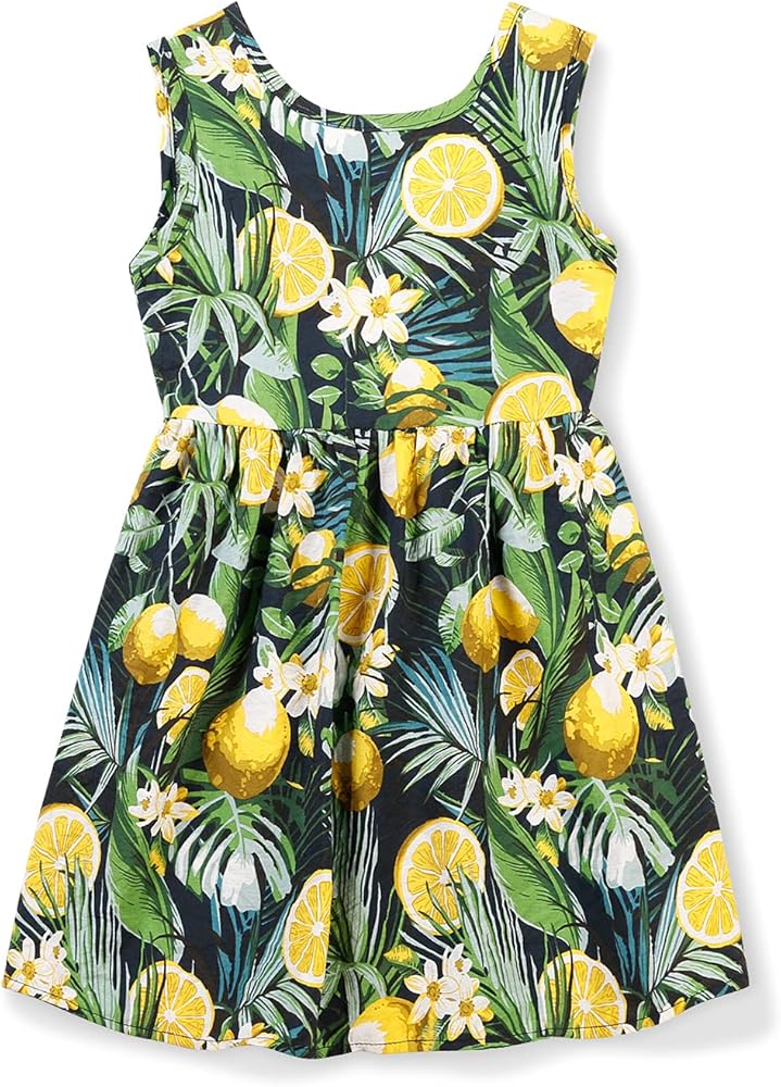 Girls Sleeveless Summer Boho Floral Midi Dress Casual Beach Hawaiian Party Sundress Lemon Black Tag 140-6 Years