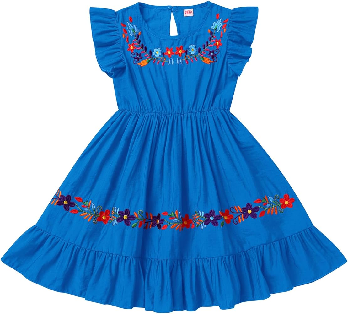 ABAFIP Baby Girls Toddler Mexican Embroidered Dress Ruffle Sleeveless Floral Cinco De Mayo Fiesta Dress