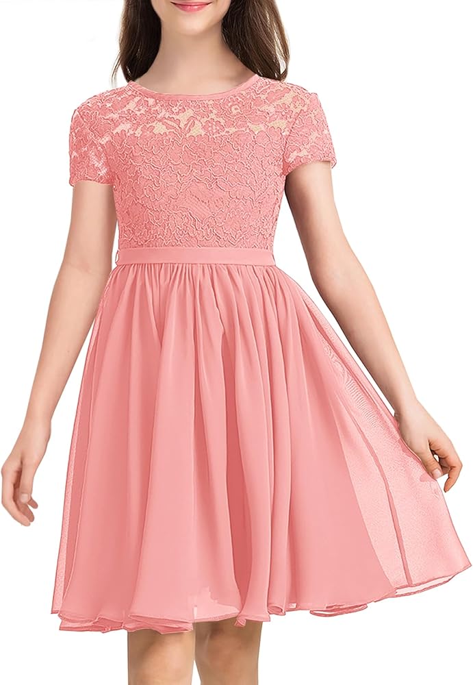 YOVION Flower Girls Dress Crew Neck Elegant Lace A-Line Formal Wedding Party Dresses for 6-12 Years