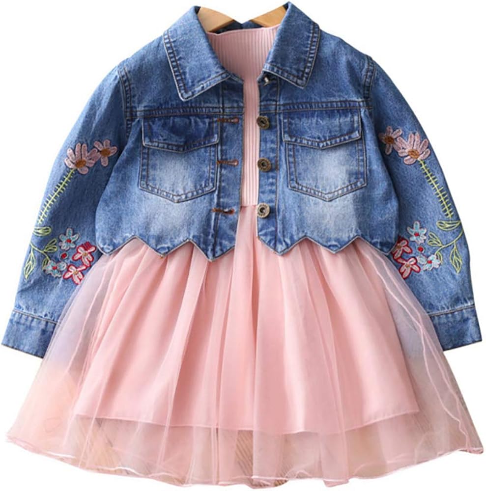 Yao Spring Autumn Little Girls Clothing Set Child Kids Denim Jacket and Long Sleeve Dress 2 Pieces Set