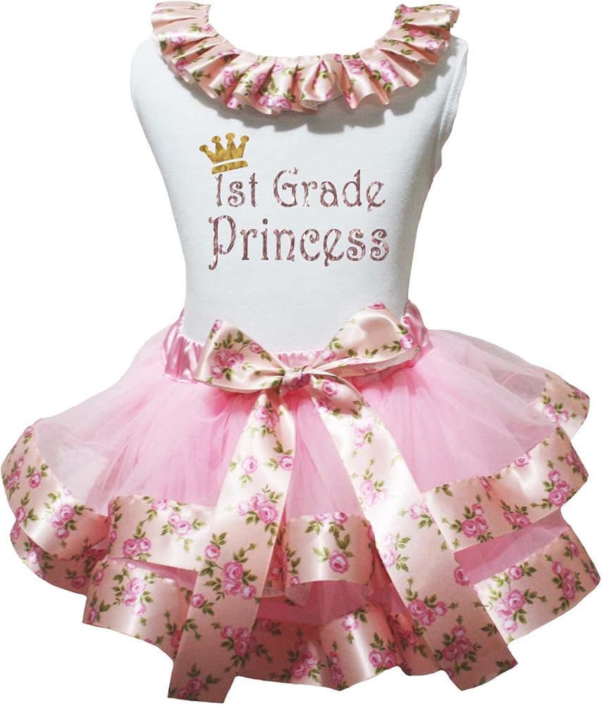 Petitebella Bling 1st Grade Princess White Shirt Floral Pink Petal Skirt Nb-8y