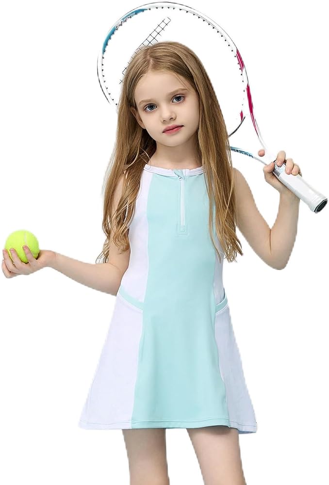 Girls Tennis Dress Golf Outfit Kids Athletic Sleeveless Dresses with Short Pockets