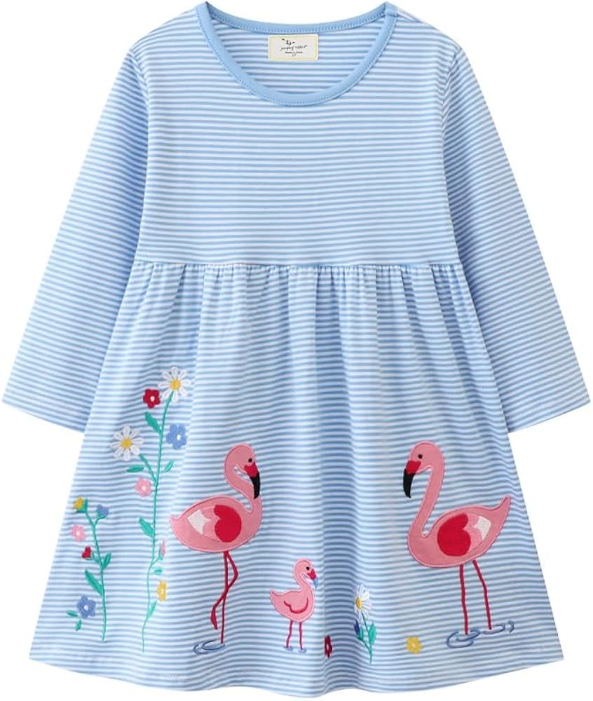 Hongshilian Girls Cotton Long Sleeve Dress Casual Cartoon Appliques Party Dresses