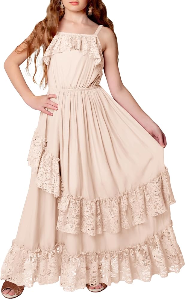 MITILLY Girls Boho Lace Flower Dresses Square Neck Sleeveless Ruffle Tiered Flowy Party Maxi Dress with Pockets