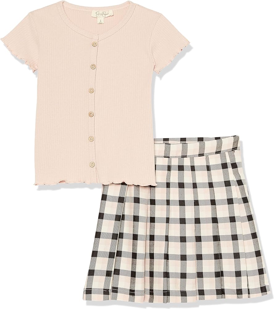 Jessica Simpson Girls Two Piece Short Sleeve Skirt Set, Pink, XL 12 US