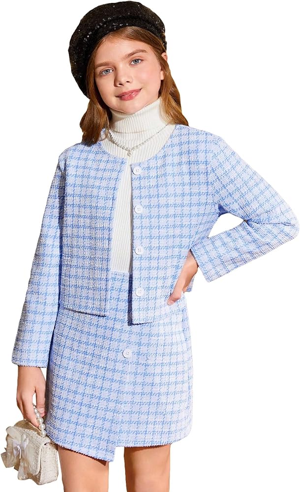 WDIRARA Girl's 2 Piece Plaid Button Front Outfit Round Neck Jacket and Wrap Front Skirt Set