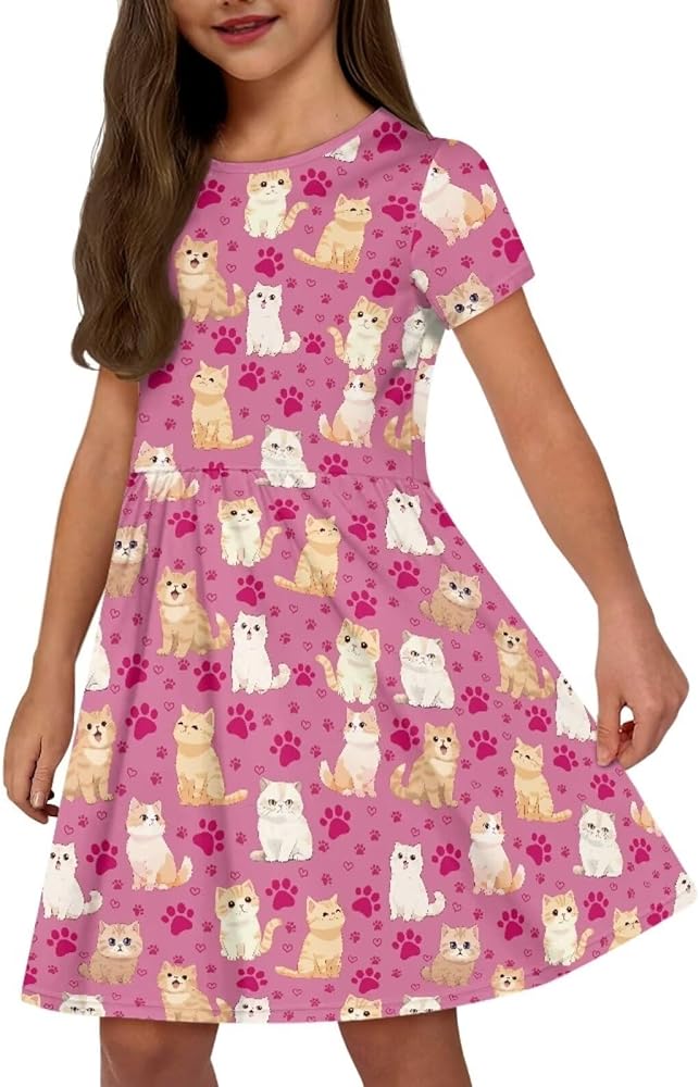 Girls Short Sleeve Dresses Casual Twirly Skater Dress with Pockets for 3-14 Years Old