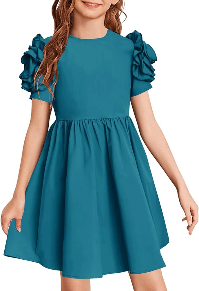 YOVION Girls Summer Dress Elegant Puff Short Sleeve Crew Neck Casual A-line Sundress for 6-13Y