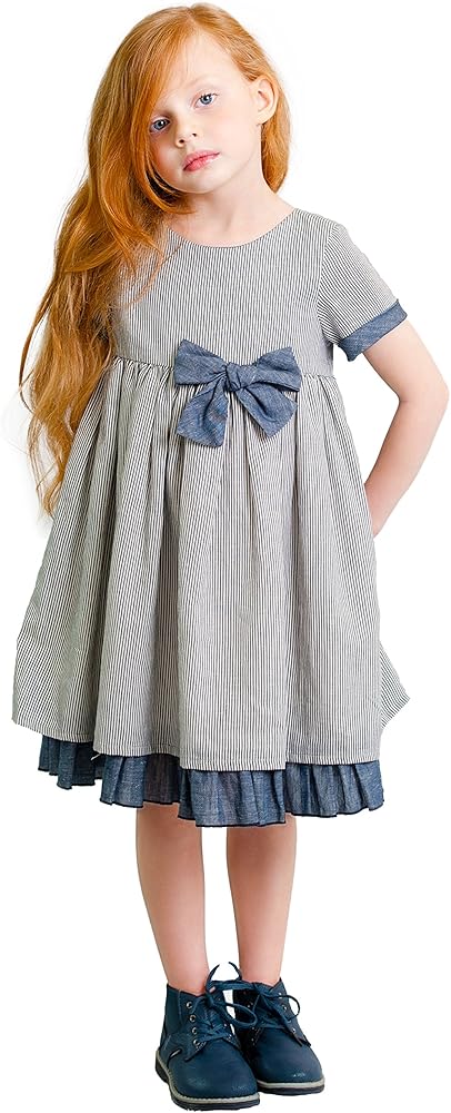 Girls' Navy Bow Striped Party Dress - Cotton Linen Blend A-line Easter Outfit