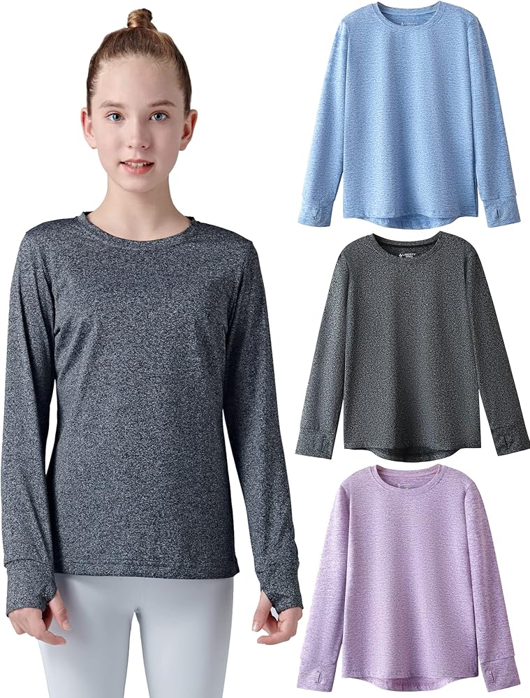 3 Pack: Youth Girls Long Sleeve Shirts Active Dry Fit Athletic Performance Clothes Kids Teens Sports Tees with Thumbholes