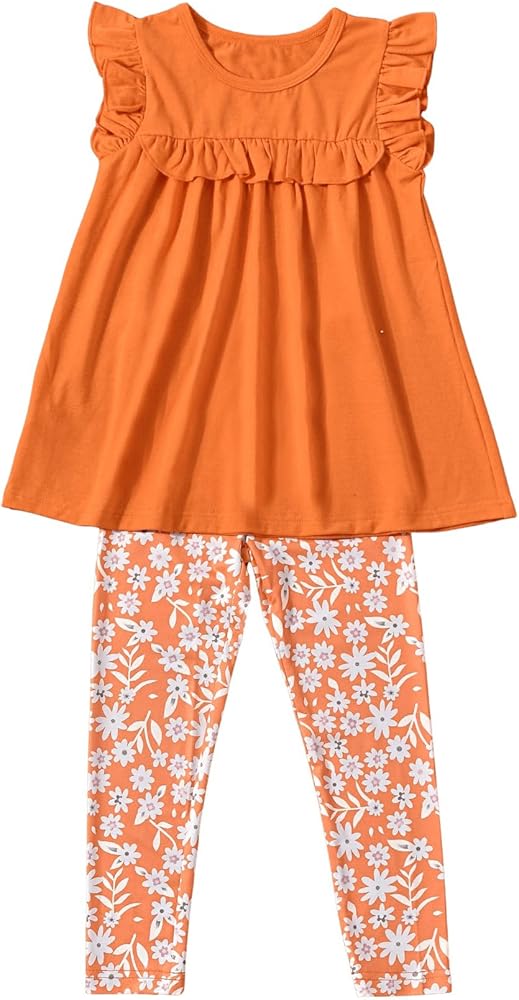 Floerns Toddler Girl's 2 Piece Outfit Ruffle Peplum T Shirt and Floral Leggings Set