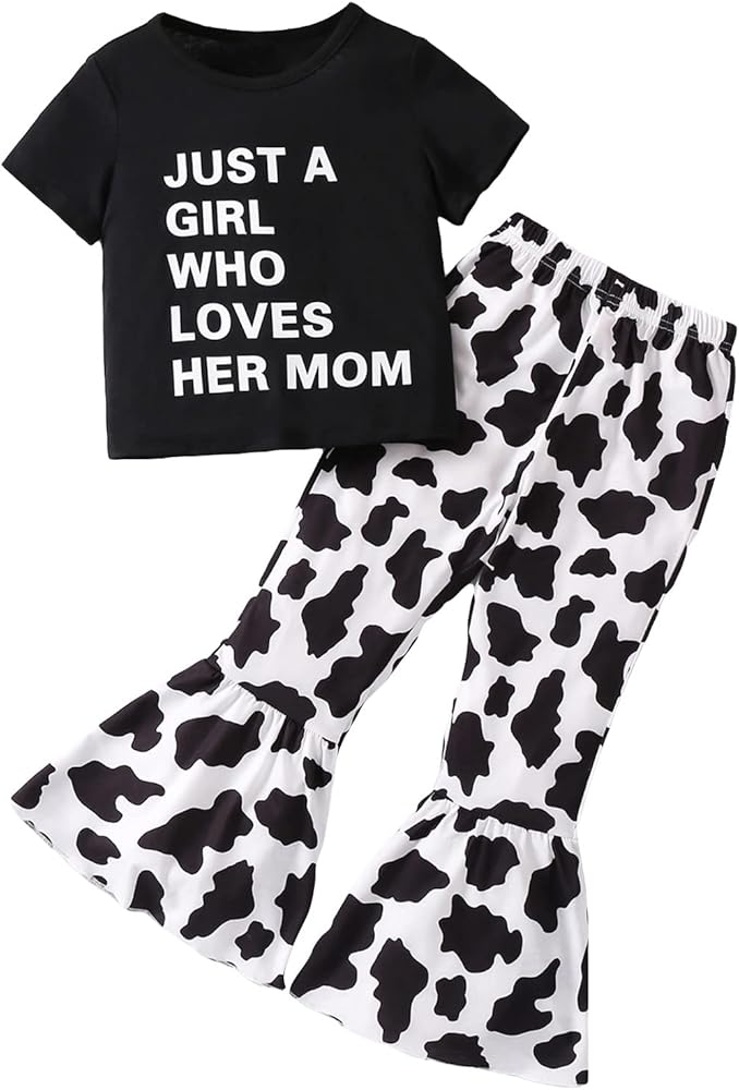 WDIRARA Toddler Girl's 2 Piece Graphic Short Sleeve Tee and Cow Print Flare Pants Set