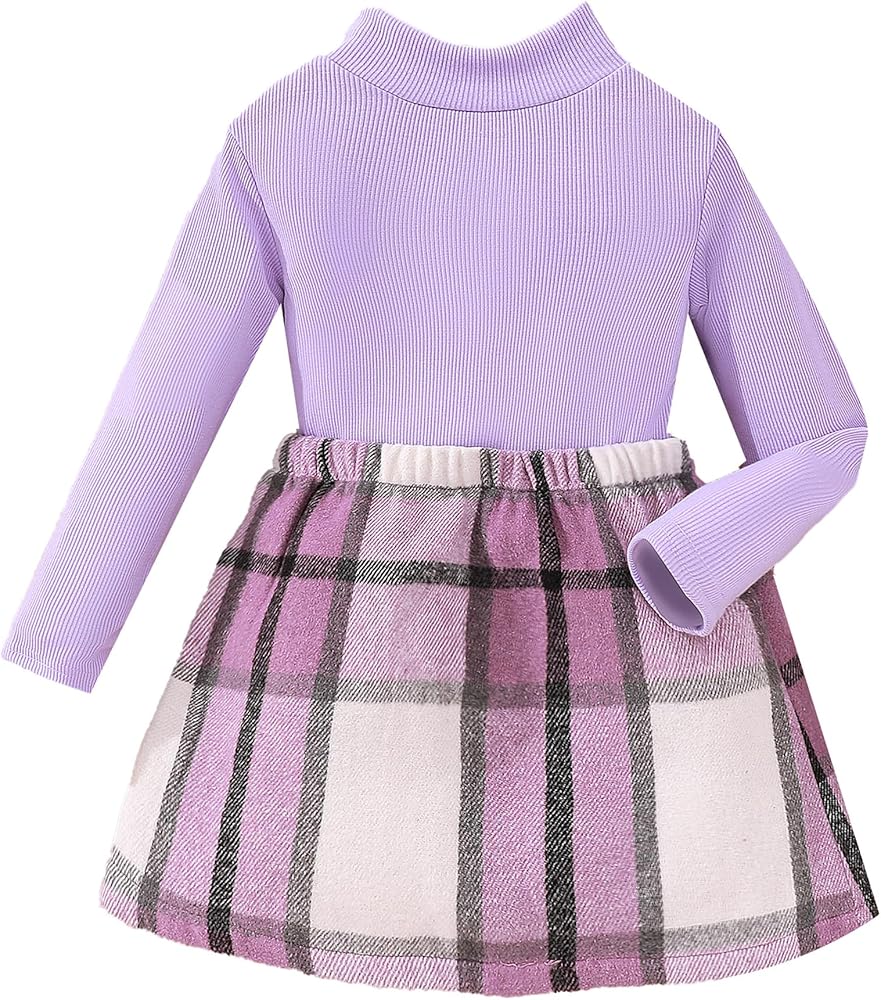 Toddler Little Girls 2pcs High Neck Long sleeve Warm Tee and with Plaid Skirt Sets