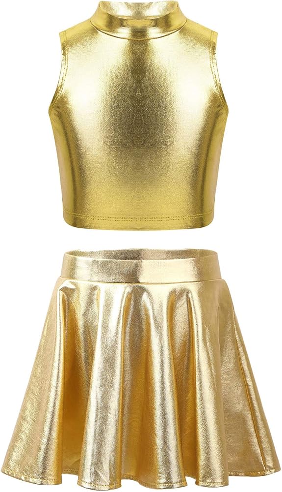 Girls Kids 2PCS Sleeveless Metallic Mock Neck Tops with Pleated A-Line Mini Skort Skirt Set