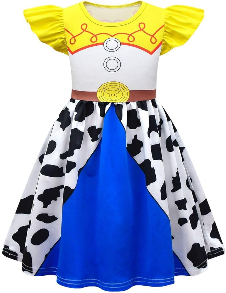 Jessiee Dress Graphic Print Flutter Sleeve Cowgirl Dress Party Holiday Birthday Christmas Outfit for Kids Girls