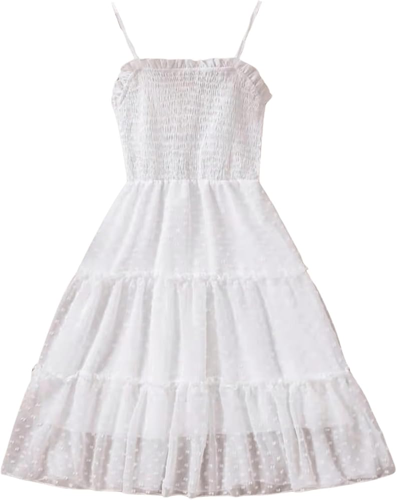 Floerns Girl's Swiss Dots Frilled Trim Tiered Layer Shirred Flowy Midi Cami Dresses