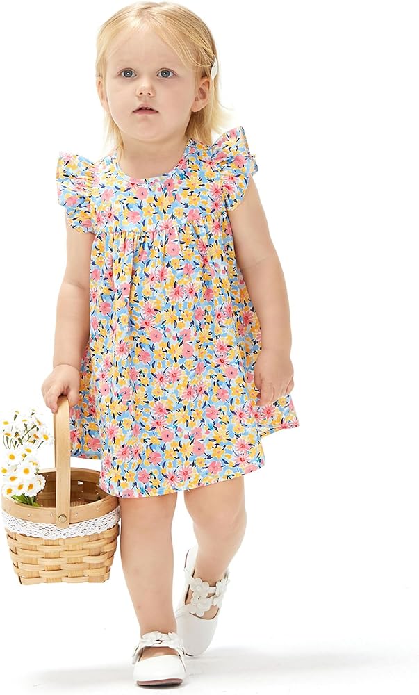 PATPAT Baby Girl's Floral Dress Ruffle Sleeve Cute Playwear Round Neck Dresses