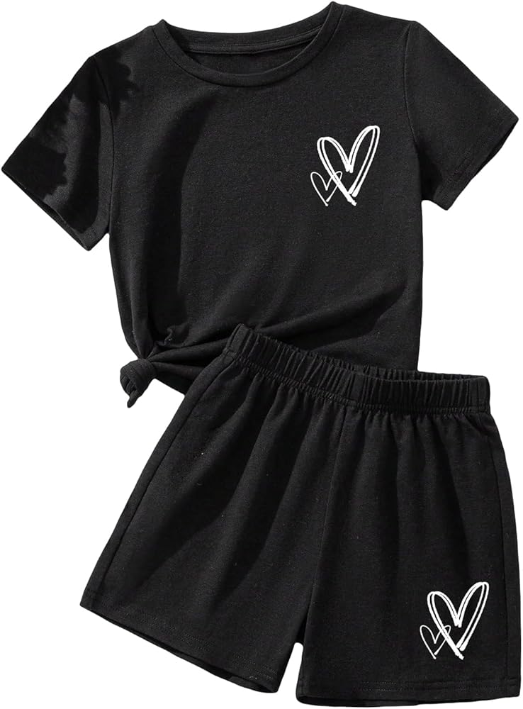 OYOANGLE Girl's 2 Piece Outfits Cute Heart Print Short Sleeve Tee Top and Shorts Set Tracksuit