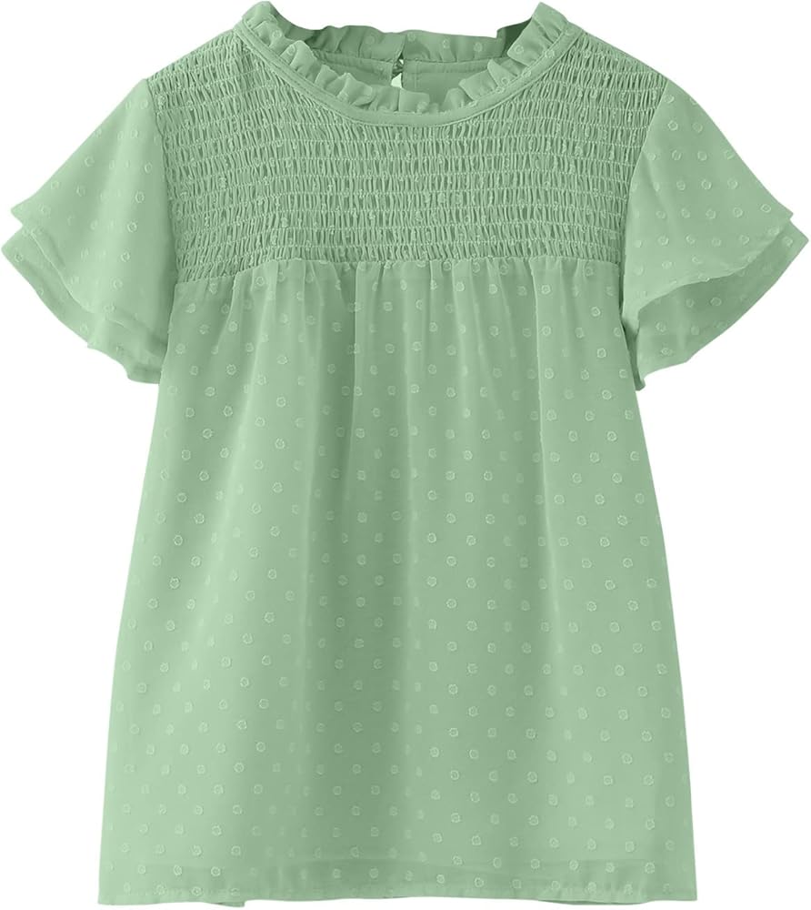 Girls Blouse Ruffle Puff Short Crewneck Short Sleeve Loose Blouse Summer Solid Color Casual Sparkly