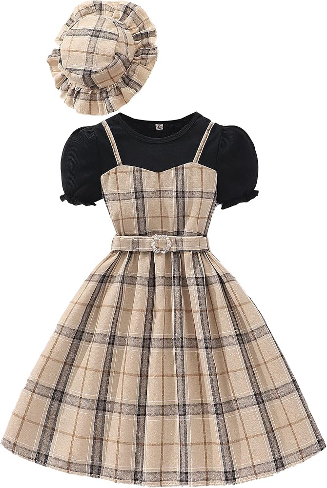 Toddler Little Girl's Long Ruffle Sleeve Solid Top and Plaid Belted A-line Skirt Set with Hat