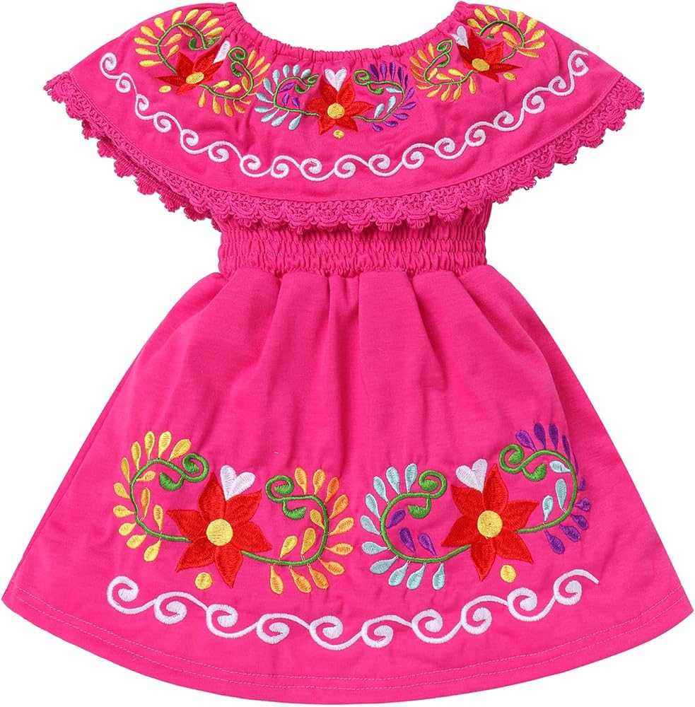 Toddler Girls Traditional Mexican Folklorico Dress Floral Embroidered Kids Cinco de Mayo Fiesta Party Dresses